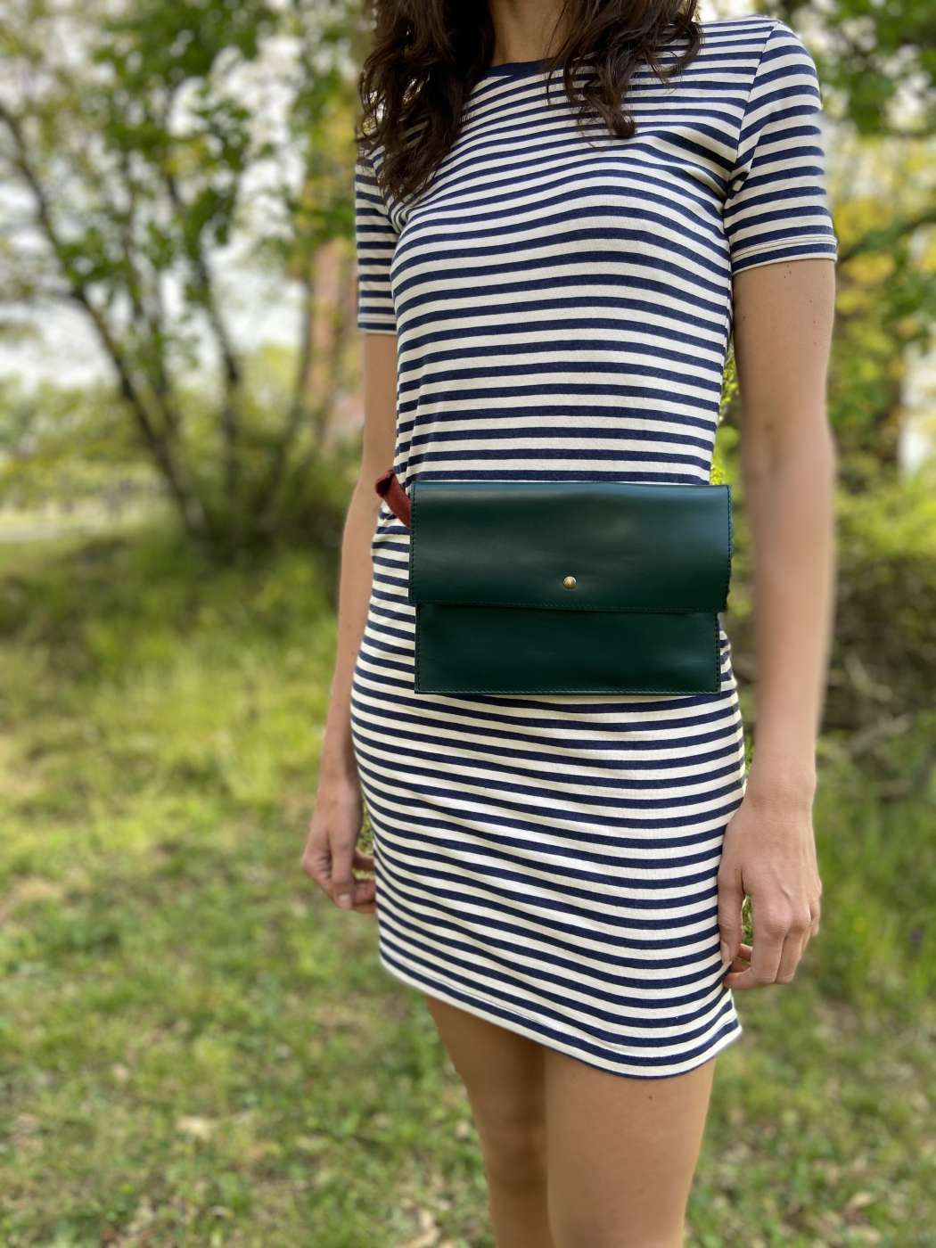 Handmade leather green waist bag/clutch